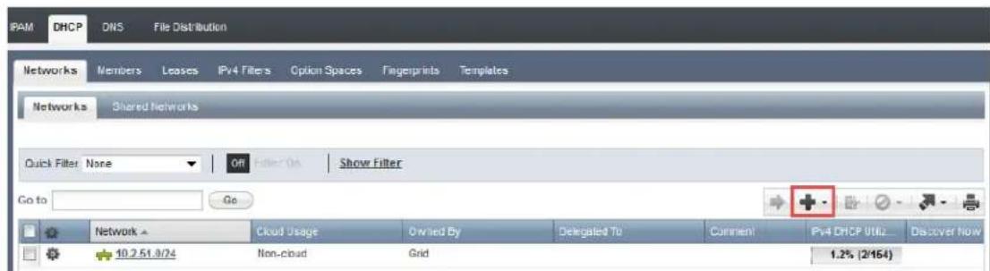IPAM DHCP DNS File Distribution Networks Members Leases IPv4 Filters Option Spaces Fingenprints Templates Networks Shared Networks Quick Filter None Off Enter On Show Filter Go to Go Network Cloud Usage Owned By Delegated To Comment IPv4 DHCP Utility Discover Now 10.2.51.8/24 Non-cloud Grid 1.2% (2/164)