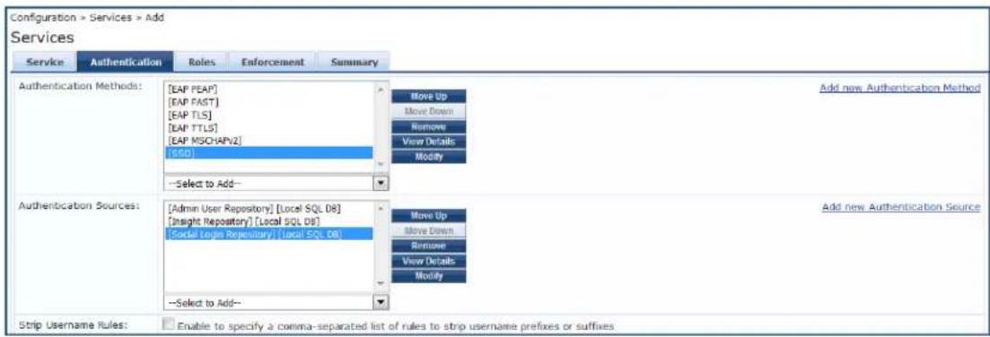 Configuration > Services > Add Services Service Authentication Roles Enforcement Summary Authentication Methods: [EAP PEAP] [EAP FAST] [EAP TLS] [EAP TTLS] [EAP MSCHAPV2] ($50) --Select to Add-- Add new Authentication Method Authentication Sources: [Admin User Repository] [Local SQL DB] [Insight Repository] [Local SQL DB] [Global Large Repository] [Local SQL DB] --Select to Add-- Move Up Move Down Remove View Details Modify Add new Authentication Source Strip Username Rules: Enable to specify a comma-separated list of rules to strip username prefixes or suffixes