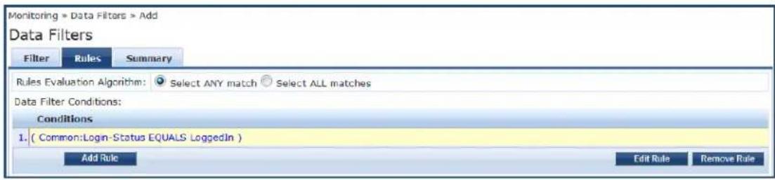 Monitoring > Data Filters > Add Data Filters Filter Rules Summary Rules Evaluation Algorithm: Select ANY match Select ALL matches Data Filter Conditions: Conditions 1. ( Common:Login-Status EQUALS LoggedIn ) Add Rule Edit Rule Remove Rule