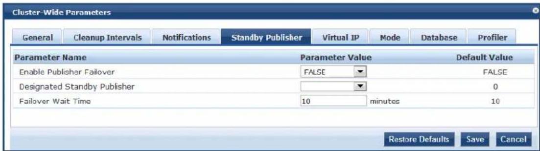 Cluster-Wide Parameters General Cleanup Intervals Notifications Standby Publisher Virtual IP Mode DATABASE Profiler Parameter Name Parameter Value Default Value Enable Publisher Failover FALSE FALSE Designated Standby Publisher Failover Wait Time 10(minutes) 10 Restore Defaults Save Cancel