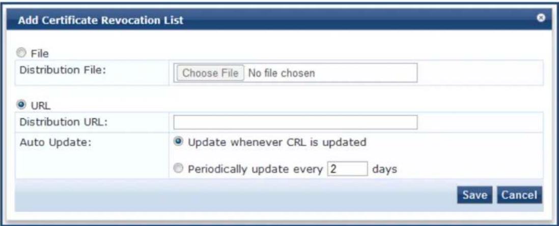 Add Certificate Revocation List File Distribution File: Choose File No file chosen URL Distribution URL: Auto Update: Update whenever CRL is updated Periodically update every 2 days Save Cancel