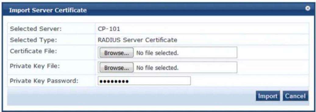 Import Server Certificate Selected Server: CP-101 Selected Type: RADIUS Server Certificate Certificate File: Browse... No file selected. Private Key File: Browse... No file selected. Private Key Password: •••••••••• Import Cancel