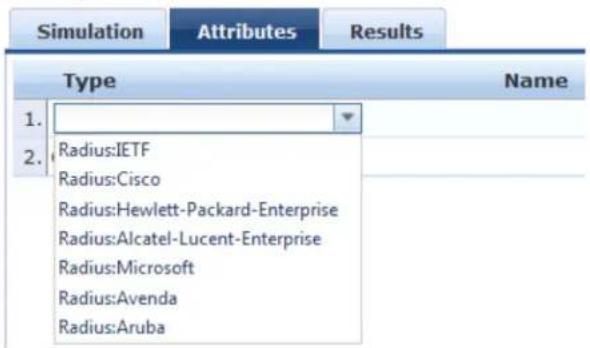 Simulation Attributes Results Type Name 1. Radius:IETF Radius:Cisco Radius:Hewlett-Packard-Enterprise Radius:Alcatel-Lucent-Enterprise Radius:Microsoft Radius:Avenda Radius:Aruba