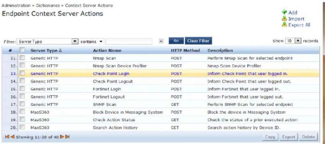 Administration > Dictionaries > Context Server Actions Endpoint Context Server Actions Add Import Export All Filter: Server Type ▼ contains ▼ Go Clear Filter Show 10 records Server Type ▲ Action Name HTTP Method Description 11. Generic HTTP Nmap Scan POST Perform Nmap Scan for selected endpoint 12. Generic HTTP Nmap Scan Device Profiler POST Nmap Scan Device Profiler 13. Generic HTTP Check Point Login POST Inform Check Point that user logged in. 14. Generic HTTP Check Point Logout POST Inform Check Point that user logged out. 15. Generic HTTP Fortinet Login POST Inform Fortinet that user logged in. 16. Generic HTTP Forbnet Logout POST Inform Fortnet that user logged out. 17. Generic HTTP SNMP Scan GET Perform SNMP Scan for selected endpoint 18. MaaS360 Block Device in Messaging System POST Block the device in Messaging System 19. MaaS360 Check Action Status GET Check the status of a prior executed action 20. MaaS360 Search Action History GET Search action history by Device ID. Showing 11-20 of 40 Copy Export Delete