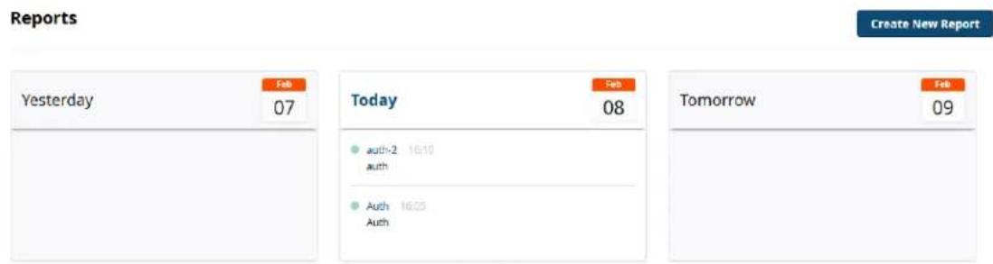 Reports Create New Report Yesterday 07 Today 08 Tomorrow 09 auth-2 16:10 auth Auth 16:03 Auth