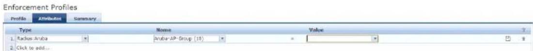 Enforcement Profiles Profile Attributes Summary Type None Value 1. Radius: Aruba Aruba-AP- Group (18) = 2. Click to add...