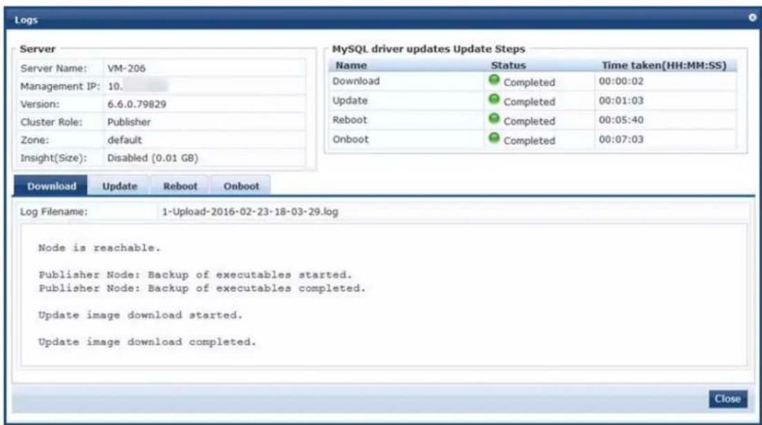 Logs Server Server Name: VM-206 Management IP: 10. Version: 6.6.0.79829 Cluster Role: Publisher Zone: default Insight(Size): Disabled (0.01 GB) MySQL driver updates Update Steps Name Status Time taken(HH:MM:SS) Download Completed 00:00:02 Update Completed 00:01:03 Reboot Completed 00:05:40 Onboot Completed 00:07:03 Log Filename: 1-Upload-2016-02-23-18-03-29.log Node is reachable. Publisher Node: Backup of executables started. Publisher Node: Backup of executables completed. Update image download started. Update image download completed. Close