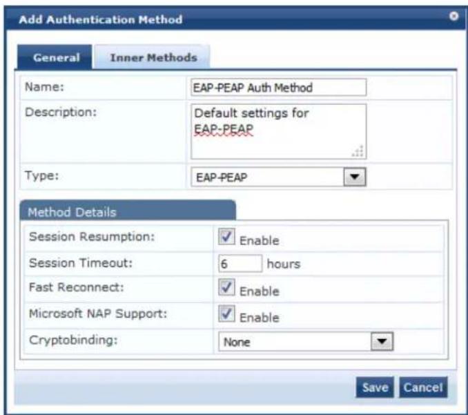 Add Authentication Method General Inner Methods Name: EAP-PEAP Auth Method Description: Default settings for EAP-PEAP Type: EAP-PEAP Method Details Session Resumption: ✓ Enable Session Timeout: 6 hours Fast Reconnect: ✓ Enable Microsoft NAP Support: ✓ Enable Cryptobinding: None Save Cancel