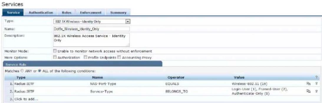Services Service Authentication Roles Enforcement Summary Type: 802.1X Wireless - Identity Only Name: Dot1x_Wireless_Identity_Only Description: 802.1X Wireless Access Service - Identity Only Monitor Mode: Enable to monitor network access without enforcement More Options: Authorization Profile Endpoints Accounting Proxy Service Rule Matches ANY or ALL of the following conditions: Type Name Operator Value 1. Radius:JETF NAS-Port-Type EQUALS Wireless-802.11 (19) 2. Radius:JETF Service-Type BELONGS_TO Login-User (1), Framed-User (2), Authenticate-Only (8) 3. Click to add...