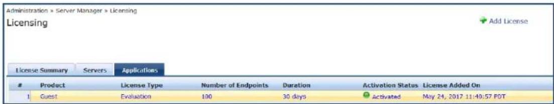 Administration » Server Manager » Licensing Licensing Add License License Summary Servers Applications Product License Type Number of Endpoints Duration Activation Status/License Added On 1 Guest Evaluation 100 30 days Activated May 24, 2017 11:40:57 PDT