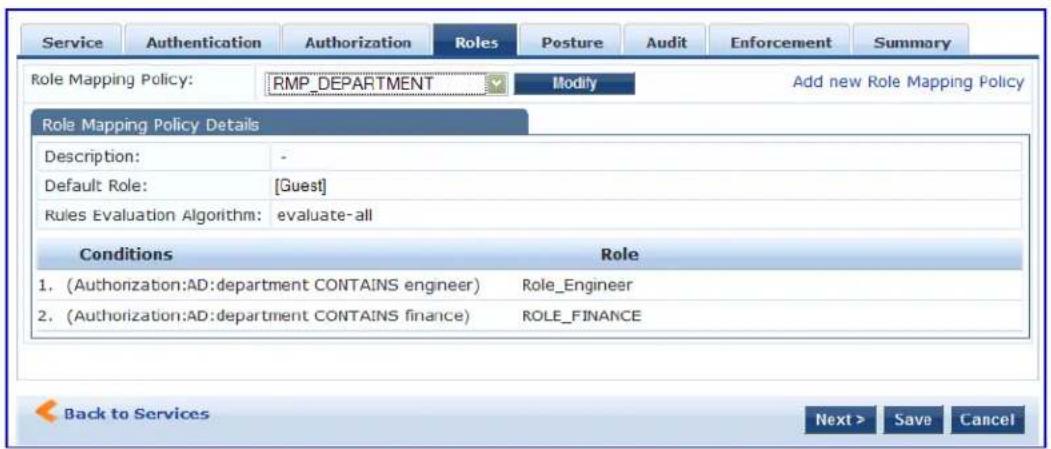 Service Authentication Authorization Roles Posture Audit Enforcement Summary Role Mapping Policy: RMP_DEPARTMENT Modify Add new Role Mapping Policy Role Mapping Policy Details Description: - Default Role: [Guest] Rules Evaluation Algorithm: evaluate-all Conditions Role 1. (Authorization:AD:department CONTAINS engineer) Role_Engineer 2. (Authorization:AD:department CONTAINS finance) ROLE_FINANCE Back to Services Next > Save Cancel