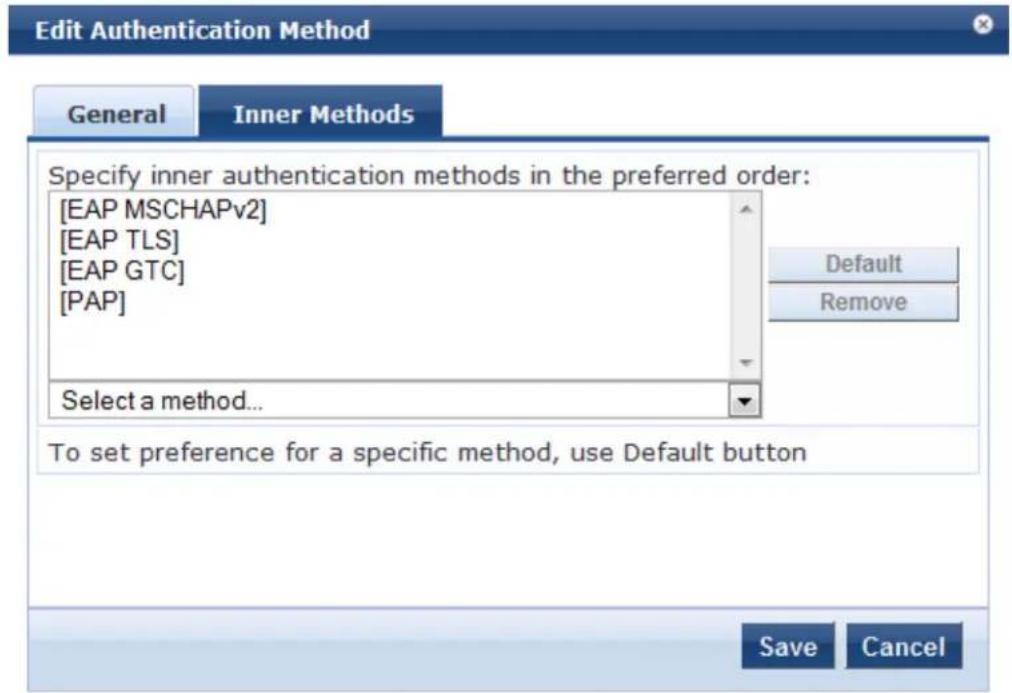 Edit Authentication Method General Inner Methods Specify inner authentication methods in the preferred order: [EAP MSCHAPv2] [EAP TLS] [EAP GTC] [PAP] Select a method... Default Remove To set preference for a specific method, use Default button Save Cancel