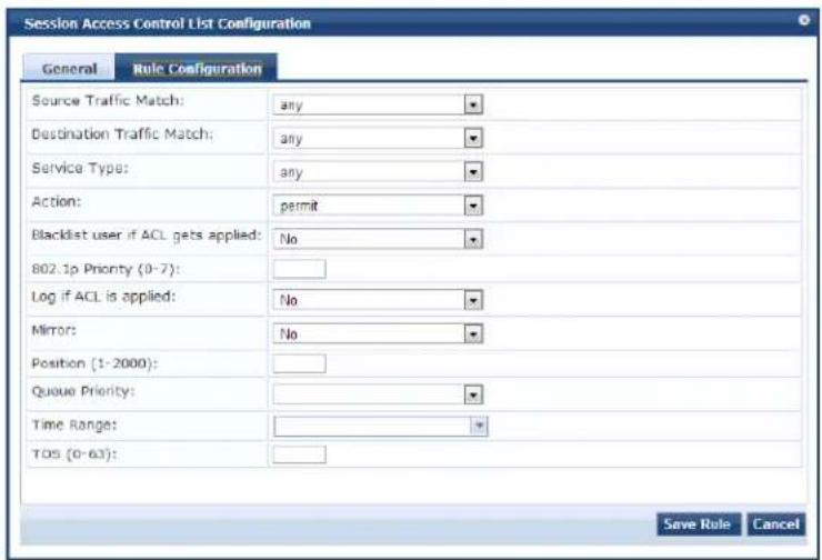 Session Access Control List Configuration General Rule Configuration Source Traffic Match: any Destination Traffic Match: any Service Type: any Action: permit Blacklist user if ACL gets applied: No 802.1p Priority (0-7): Log if ACL is applied: No Mirror: No Position (1-2000): Queue Priority: Time Range: TOS (0-63): Save Rule Cancel