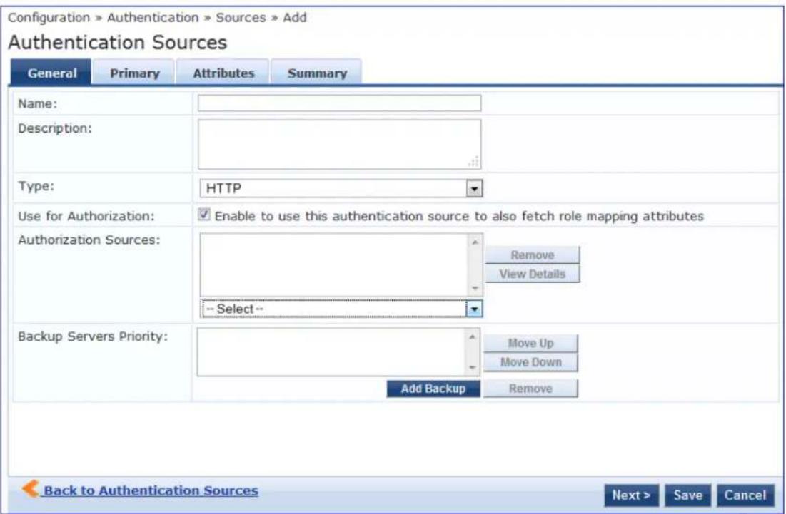 Configuration > Authentication > Sources > Add Authentication Sources General Primary Attributes Summary Name: Description: Type: HTTP Use for Authorization: Enable to use this authentication source to also fetch role mapping attributes Authorization Sources: Remove View Details -- Select -- Backup Servers Priority: Move Up Move Down Add Backup Remove Back to Authentication Sources Next > Save Cancel