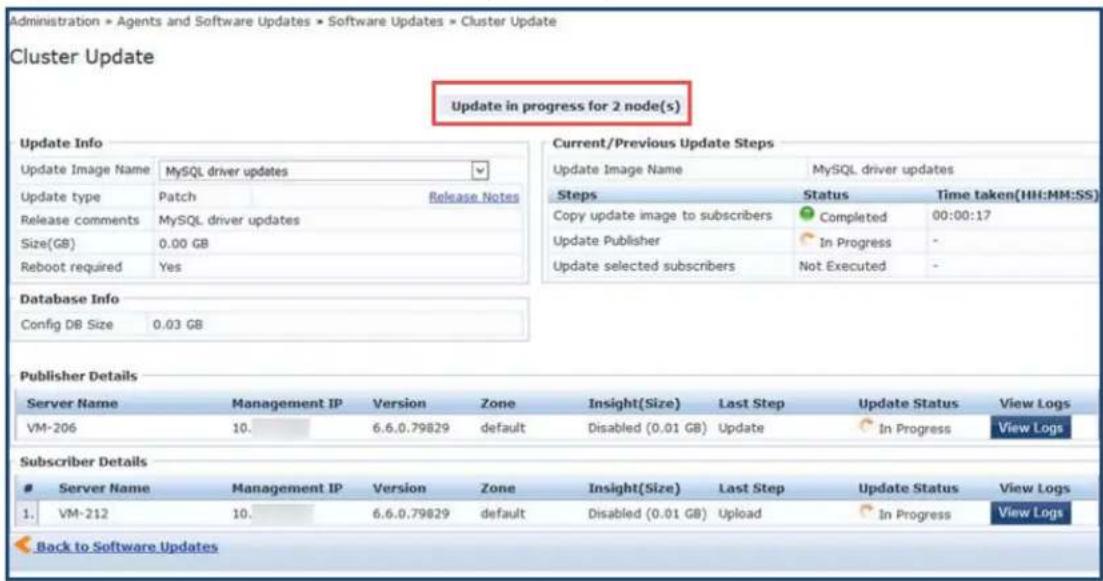 Administration > Agents and Software Updates > Software Updates > Cluster Update Cluster Update Update in progress for 2 node(s) Update Info Update Image Name MySQL driver updates Update type Patch Release Notes Release comments MySQL driver updates Size(GB) 0.00 GB Reboot required Yes Database Info Config DB Size 0.03 GB Current/Previous Update Steps Update Image Name MySQL driver updates Steps Status Time taken(HH:MM:SS) Copy update image to subscribers Completed 00:00:17 Update Publisher In Progress - Update selected subscribers Not Executed - Publisher Details Server Name Management IP Version Zone Insight(Size) Last Step Update Status View Logs VM-206 10. 6.6.0.79829 default Disabled (0.01 GB) Update In Progress View Logs Subscriber Details Server Name Management IP Version Zone Insight(Size) Last Step Update Status View Logs 1. VM-212 10. 6.6.0.79829 default Disabled (0.01 GB) Upload In Progress View Logs Back to Software Updates