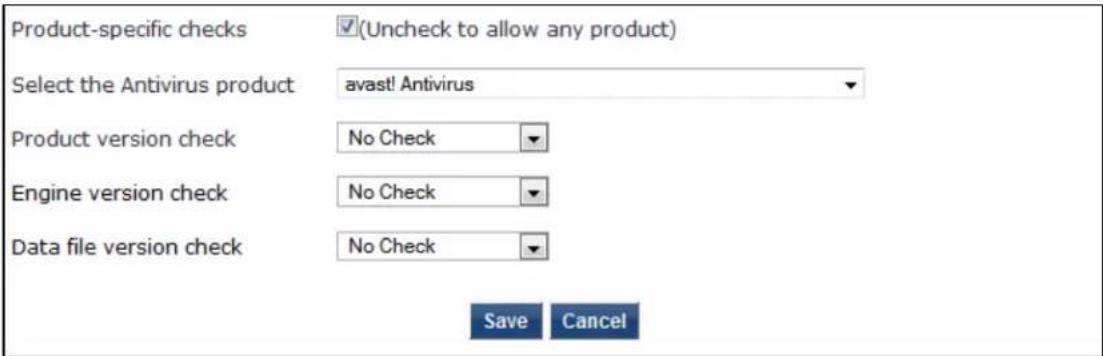 Product-specific checks ✓(Uncheck to allow any product) Select the Antivirus product avast! Antivirus Product version check No Check Engine version check No Check Data file version check No Check Save Cancel