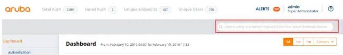 aruba Total Auth 2.8K Failed Auth 2 Unique Endpoints 467 Unique Users 256 ALERTS admin Super Administrator Search using username/endpoint/dispos server/Network Device Dashboard Authentication Dashboard From: February 10, 2016 09:00 To: February 10, 2016 17:33 1d 1m 1m Custom