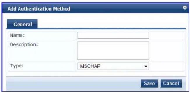 Add Authentication Method General Name: Description: Type: MSCHAP Save Cancel