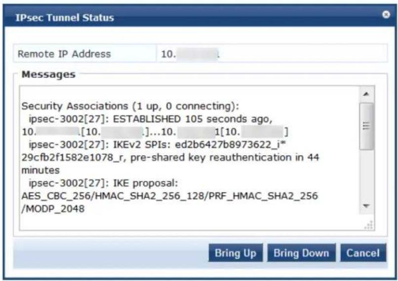 IPsec Tunnel Status Remote IP Address 10. Messages Security Associations (1 up, 0 connecting): ipsec-3002[27]: ESTABLISHED 105 seconds ago, 10. .[10. .]...10. 1[10. ] ipsec-3002[27]: IKEv2 SPIs: ed2b6427b8973622_i* 29cfb2f1582e1078_r, pre-shared key reauthentication in 44 minutes ipsec-3002[27]: IKE proposal: AES_CBC_256/HMAC_SHA2_256_128/PRF_HMAC_SHA2_256 /MODP_2048 Bring Up Bring Down Cancel