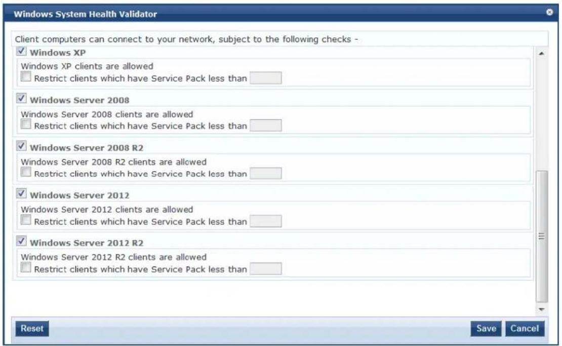 Windows System Health Validator Client computers can connect to your network, subject to the following checks - ✓ Windows XP Windows XP clients are allowed ☐ Restrict clients which have Service Pack less than ✓ Windows Server 2008 Windows Server 2008 clients are allowed ☐ Restrict clients which have Service Pack less than ✓ Windows Server 2008 R2 Windows Server 2008 R2 clients are allowed ☐ Restrict clients which have Service Pack less than ✓ Windows Server 2012 Windows Server 2012 clients are allowed ☐ Restrict clients which have Service Pack less than ✓ Windows Server 2012 R2 Windows Server 2012 R2 clients are allowed ☐ Restrict clients which have Service Pack less than Reset Save Cancel