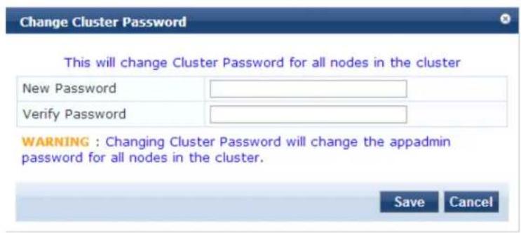Change Cluster Password This will change Cluster Password for all nodes in the cluster New Password Verify Password WARNING : Changing Cluster Password will change the appadmin password for all nodes in the cluster. Save Cancel