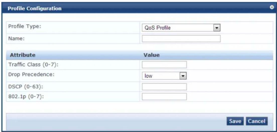 Profile Configuration Profile Type: QoS Profile Name: Attribute Value Traffic Class (0-7): Drop Precedence: low DSCP (0-63): 802.1p (0-7): Save Cancel