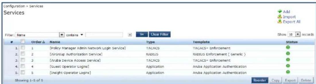 Configuration > Services Services Filter: Name Order △ Name Type Template Status 1. 2. 3. 4. 5. [Policy Manager Admin Network Login Service] [TACACS] TACACS+ Enforcement 2. [AirGroup Authorization Service] RADIUS RADIUS Enforcement ( Generic ) 3. [Aruba Device Access Service] TACACS TACACS+ Enforcement 4. [Guest Operator Logins] Application Aruba Application Authentication 5. [Insight Operator Logins] Application Aruba Application Authentication Showing 1-5 of 5 Reorder Copy Export Delete Add Import Export All Show 10 records