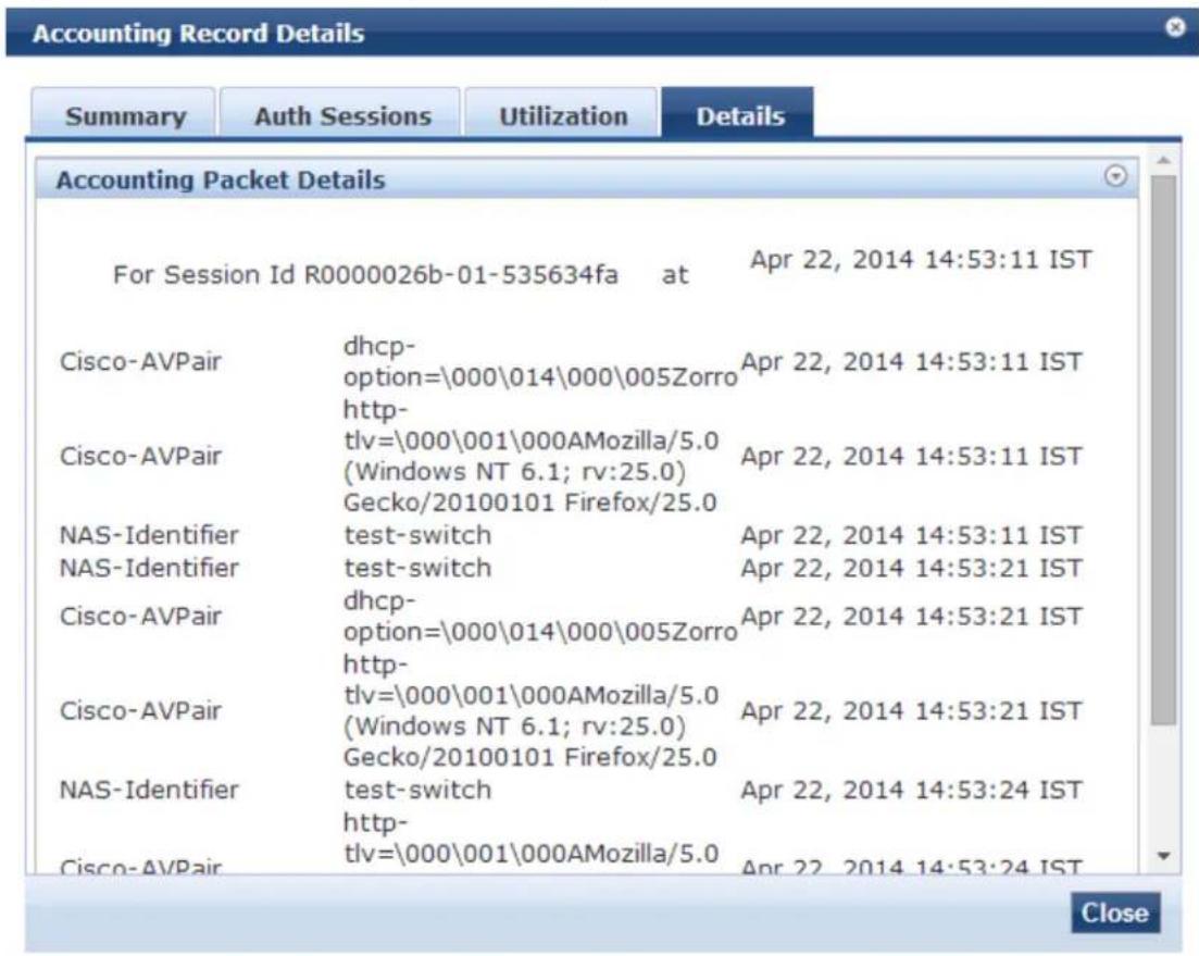 Accounting Packet Details For Session Id R0000026b-01-535634fa at Apr 22, 2014 14:53:11 IST Cisco-AVPair dhcp- option=\000\014\000\005Zorro http- tlv=\000\001\000AMozilla/5.0 (Windows NT 6.1; rv:25.0) Gecko/20100101 Firefox/25.0 NAS-Identifier test-switch Apr 22, 2014 14:53:11 IST NAS-Identifier test-switch Apr 22, 2014 14:53:21 IST Cisco-AVPair dhcp- option=\000\014\000\005Zorro http- tlv=\000\001\000AMozilla/5.0 (Windows NT 6.1; rv:25.0) Gecko/20100101 Firefox/25.0 NAS-Identifier test-switch Apr 22, 2014.14:53:24 IST http- tlv=\000\001\000AMozilla/5.0 Apr 22, 2014.14:53:24 IST Close