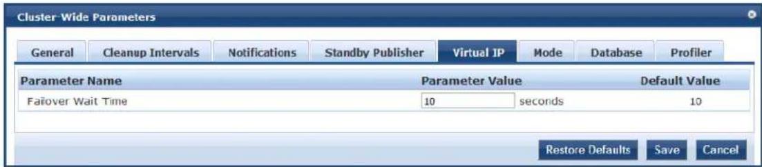 Cluster-Wide Parameters General Cleanup Intervals Notifications Standby Publisher Virtual IP Mode Database Profiler Parameter Name Parameter Value Default Value Failover Wait Time 10 secords 10 Restore Defaults Save Cancel
