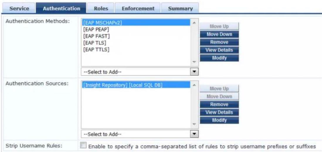 Service Authentication Roles Enforcement Summary Authentication Methods: [EAP MSCHAPv2] [EAP PEAP] [EAP FAST] [EAP TLS] [EAP TTLS] Move Up Move Down Remove View Details Modify --Select to Add-- Authentication Sources: [Insight Repository] [Local SQL DB] Move Up Move Down Remove View Details Modify --Select to Add-- Strip Username Rules: Enable to specify a comma-separated list of rules to strip username prefixes or suffixes