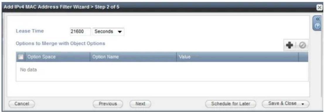 Add IPv4 MAC Address Filter Wizard > Step 2 of 5 Lease Time 21600 Seconds Options to Merge with Object Options Option Space Option Name Value No data Cancel Previous Next Schedule for Later Save & Close
