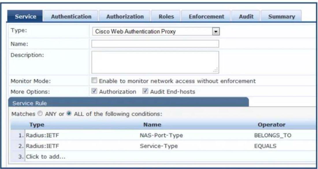 Service Authentication Authorization Roles Enforcement Audit Summary Type: Cisco Web Authentication Proxy Name: Description: Monitor Mode: Enable to monitor network access without enforcement More Options: Authorization Audit End-hosts Service Rule Matches ○ ANY or ● ALL of the following conditions: Type Name Operator 1. Radius:IETF NAS-Port-Type BELONGS_TO 2. Radius:IETF Service-Type EQUALS 3. Click to add...