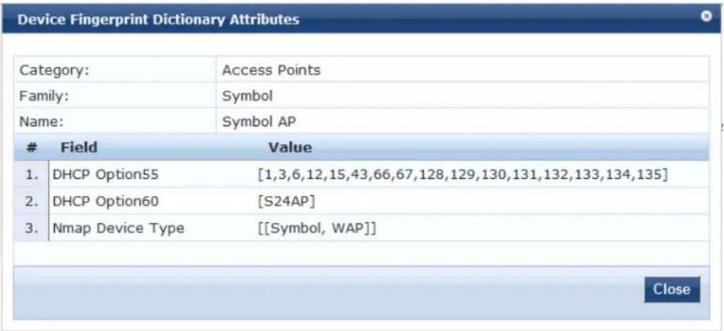 Device Fingerprint Dictionary Attributes Category: Access Points Family: Symbol Name: Symbol AP Field Value 1. DHCP Option55 [1,3,6,12,15,43,66,67,128,129,130,131,132,133,134,135] 2. DHCP Option60 [S24AP] 3. Nmap Device Type [[Symbol, WAP]] Close