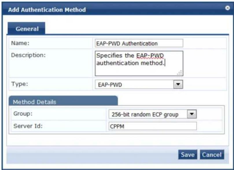 Add Authentication Method General Name: EAP-PWD Authentication Description: Specifies the EAP-PWD authentication method. Type: EAP-PWD Method Details Group: 256-bit random ECP group Server Id: CPPM Save Cancel