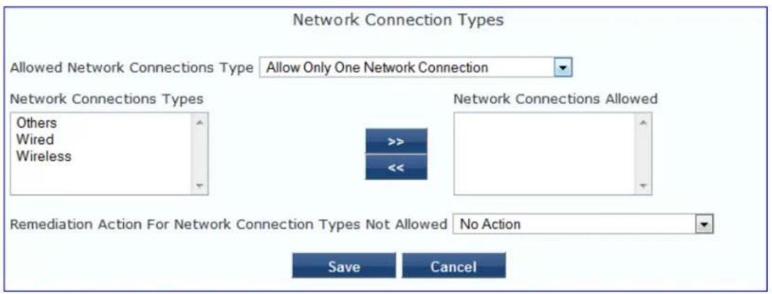 Network Connection Types Allowed Network Connections Type Allow Only One Network Connection Network Connections Types Others Wired Wireless Network Connections Allowed >>> << Remediation Action For Network Connection Types Not Allowed No Action Save Cancel