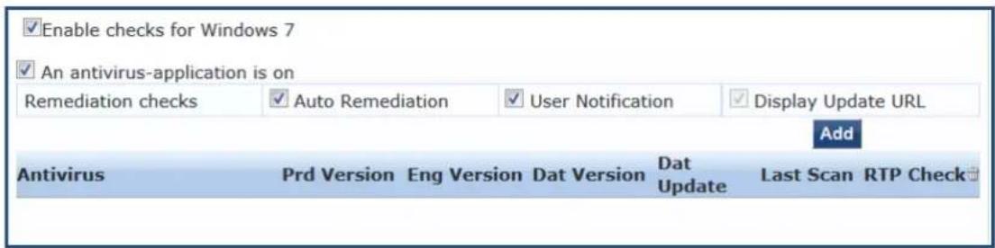 Enable checks for Windows 7 An antivirus-application is on Remediation checks Auto Remediation User Notification Display Update URL Add Antivirus Prd Version Eng Version Dat Version Dat Update Last Scan RTP Check