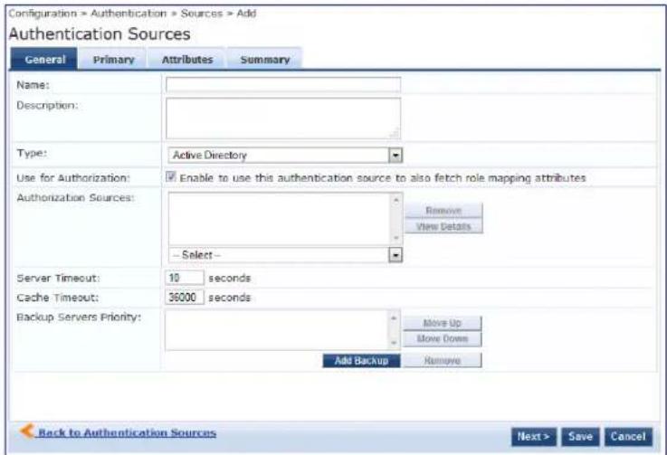 Configuration > Authentication > Sources > Add Authentication Sources General Primary Attributes Summary Name: Description: Type: Active Directory Use for Authorization: Enable to use this authentication source to also fetch role mapping attributes Authorization Sources: Remove View Details Select- Server Timeout: 10 seconds Cache Timeout: 36000 seconds Backup Servers Priority: Move Up Move Down Add Backup Remove Back to Authentication Sources Next > Save Cancel