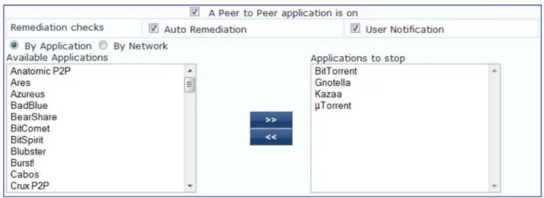 A Peer to Peer application is on Remediation checks Auto Remediation User Notification By Application By Network Available Applications Anatomic P2P Ares Azureus BadBlue BearShare BitComet BitSpirit Blubster Burstl Cabos Crux P2P Applications to stop BitTorrent Gnotella Kazaa µTorrent