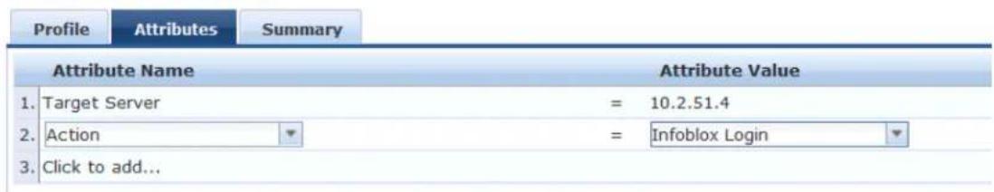 Profile Attributes Summary Attribute Name Attribute Value 1. Target Server = 10.2.51.4 2. Action = Infoblox Login 3. Click to add...
