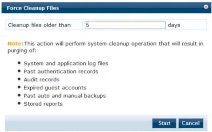 Force Cleanup Files Cleanup files older than 5 days Note: This action will perform system cleanup operation that will result in purging of: • System and application log files • Past authentication records • Audit records • Expired guest accounts • Past auto and manual backups • Stored reports Start Cancel