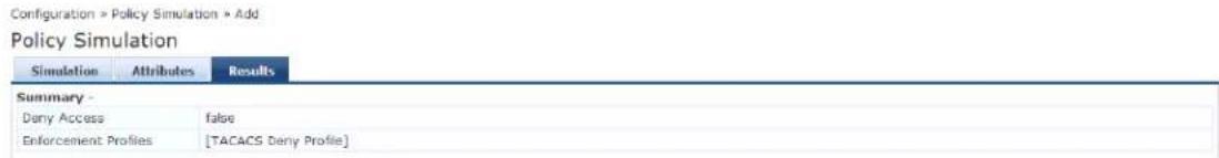 Configuration » Policy Simulation » Add Policy Simulation Simulation Attributes Results Summary - Dany Access false Enforcement Profiles [TACACS Dany Profile]