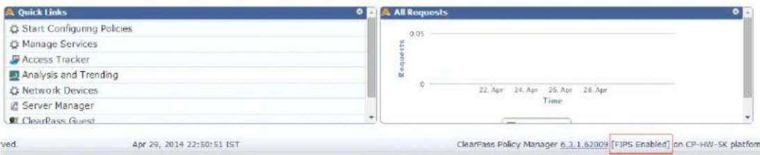 Quick Links Start Configuring Policies Manage Services Access Tracker Analysis and Trending Network Devices Server Manager ClearPass Guest All Requests 0.05 Requests 0 22. Apr 24. Apr 26. Apr 28. Apr Time Apt 29, 2014 22:50:51 IST ClearPass Policy Manager 6.3.1.62009 [FIPS Enabled] on CP-HW-SK platform