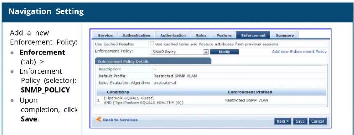 Navigation Setting Add a new Enforcement Policy: • Enforcement (tab) > • Enforcement Policy (selector): SNMP_POLICY • Upon completion, click Save.