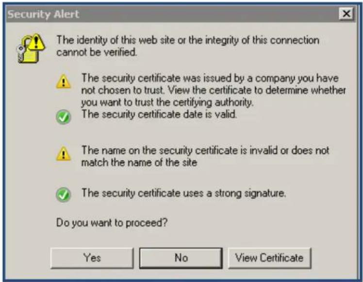 Security Alert The identity of this web site or the integrity of this connection cannot be verified. ! The security certificate was issued by a company you have not chosen to trust. View the certificate to determine whether you want to trust the certifying authority. ✓ The security certificate date is valid. ! The name on the security certificate is invalid or does not match the name of the site ✓ The security certificate uses a strong signature. Do you want to proceed? Yes No View Certificate