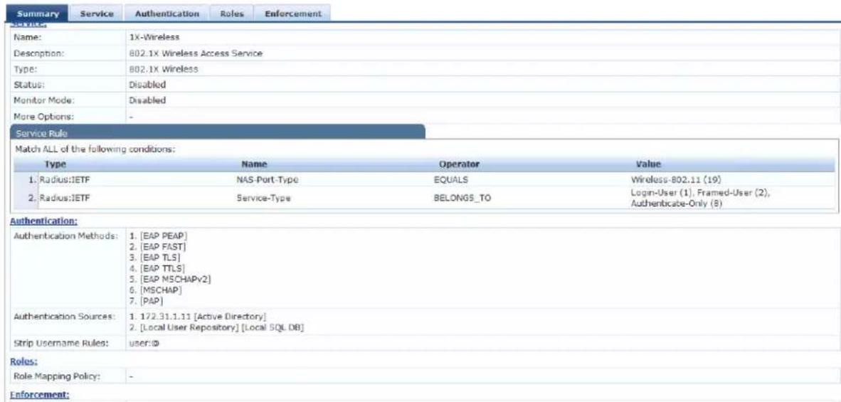 Summary Service Authentication Service: Name: Description: Type: Status: Monitor Mode: More Options: 1X-Wireless 802.1X Wireless Access Service 802.1X Wireless Disabled Disabled - Service Rule Match ALL of the following conditions: Type Name Operator Value 1. Radius:JETF NAS-Port-Type EQUALS Wireless-802.11 (19) 2. Radius:JETF Service-Type BELONGS_TO Login-User (1), Framed-User (2), Authenticate-Only (8) Authentication: Authentication Methods: 1. [EAP PEAP] 2. [EAP FAST] 3. [EAP TLS] 4. [EAP TLS] 5. [EAP MSCHAPv2] 6. [MSCHAP] 7. [PAP] Authentication Sources: 1. 172.31.1.11 [Active Directory] 2. [Local User Repository] [Local SQL DB] Strip Username Rules: user:@ Roles: Role Mapping Policy: - Enforcement: