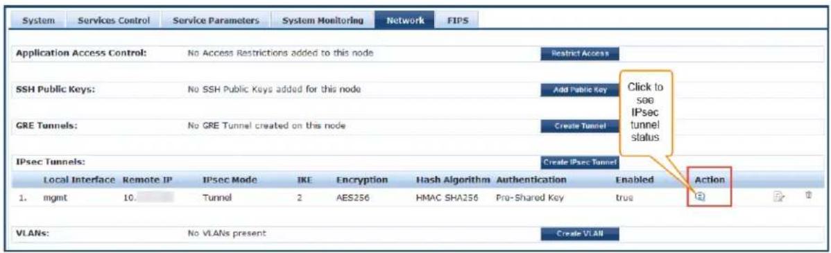 System Services Control Service Parameters System Monitoring Network FIPS Application Access Control: No Access Restrictions added to this node Restrict Access SSH Public Keys: No SSH Public Keys added for this node Add Public Key Click to GRE Tunnels: No GRE Tunnel created on this node Create Tunnel IPsec Tunnels: Local Interface Remote IP IPsec Mode IKE Encryption Hash Algorithm-Augustification Enabledako 1. mgmt 10. Tunnel 2 AES256 HMAC SHA256 Pre-Shared Key(true Action VLANs: No VLANs presenttor Create VLAN