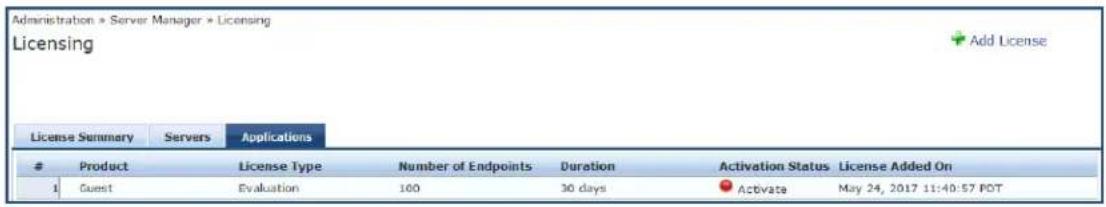 Administration » Server Manager » Licensing Licensing License Summary Servers Applications Product License Type Number of Endpoints Duration Activation Status License Added On 1 Guest Evaluation 100 30 days ●Activate-May 24, 2017 11:40:57 POT