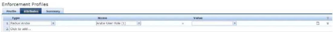 Enforcement Profiles Profile Attributes Summary Type None Value 1. Radius: Aruba Aruba-User Role [1] = 2. Click to add...