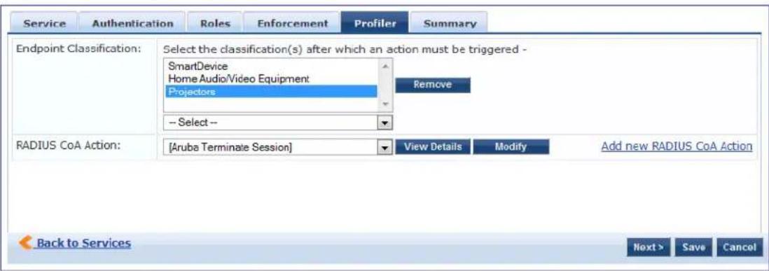 Service Authentication Roles Enforcement Profiler Summary Endpoint Classification: Select the classification(s) after which an action must be triggered - SmartDevice Home Audio/Video Equipment Projectors Remove -- Select -- RADIUS CoA Action: [Aruba Terminate Session] View Details Modify Add new RADIUS CoA Action Back to Services Next > Save Cancel