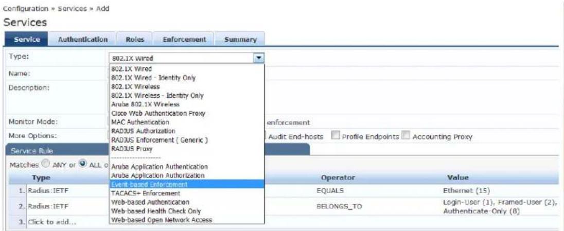Configuration > Services > Add Services Service Authentication Roles Enforcement Summary Type: 802.1X Wired 802.1X Wired 802.1X Wired - Identity Only 802.1X Wireless 802.1X Wireless - Identity Only Arube 802.1X Wireless Close Web Authentication Proxy MAC Authentication RADIUS Authorization RADIUS Enforcement ( Generic ) RADIUS Proxy enforcement Audit End-hosts □ Profile Endpoints □ Accounting Proxy Service Rule Matches ○ ANY or ● ALL o Type Arube Application Authentication Arube Application Authorization Event-based Enforcement TACACS+ Enforcement Web-based Authentication Web-based Health Check Only Web-based Open Network Access Operator Value EQUALS Ethernet (15) BELONGS_TO Login-User (1), Framed-User (2), Authenticate-Only (8)